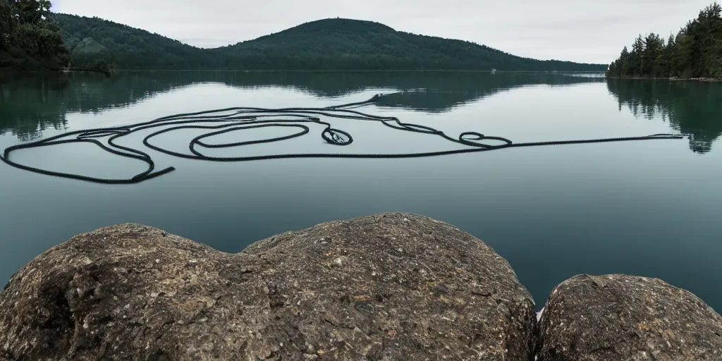 Prompt: centered photograph of a single thick long rope zig zagging snaking across the surface of the water into the distance, floating submerged rope stretching out towards the center of the lake, a dark lake on a cloudy day, color film, rocky shore foreground and trees in the background, hyper - detailed photo, anamorphic lens