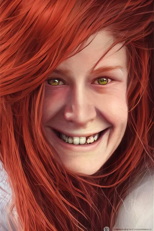 Image similar to ultra realistic style illustration of a cute red haired old teen smiling, long hair, 1 9 year old, portrait, sci - fi, fantasy, intricate, elegant, digital painting, artstation, concept art, smooth, sharp focus, illustration, 8 k frostbite 3 engine, ultra detailed, art by artgerm and greg rutkowski and magali villeneuve