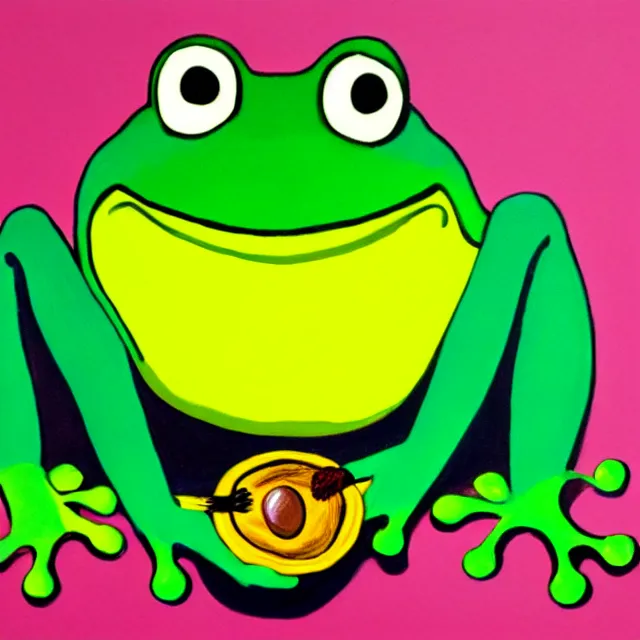 Image similar to painting of a smiling green frog with rosy cheeks stirring a steaming bowl of brown beans. the frog is in the sitting position and has a small yellow oval belly. green yellow pink splotchy background.