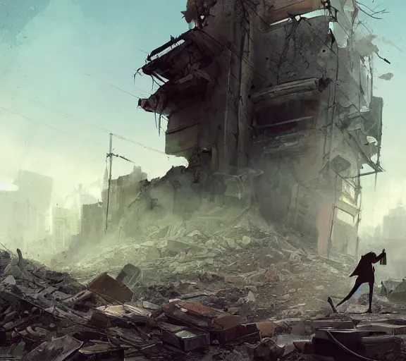 Image similar to an old-fashioned television in a pile of rubble in an apocalypse. Post apocalyptic, ruins, rubble, gloomy. By Makoto Shinkai, Stanley Artgerm Lau, WLOP, Rossdraws, James Jean, Andrei Riabovitchev, Marc Simonetti, krenz cushart, Sakimichan, trending on ArtStation, digital art.
