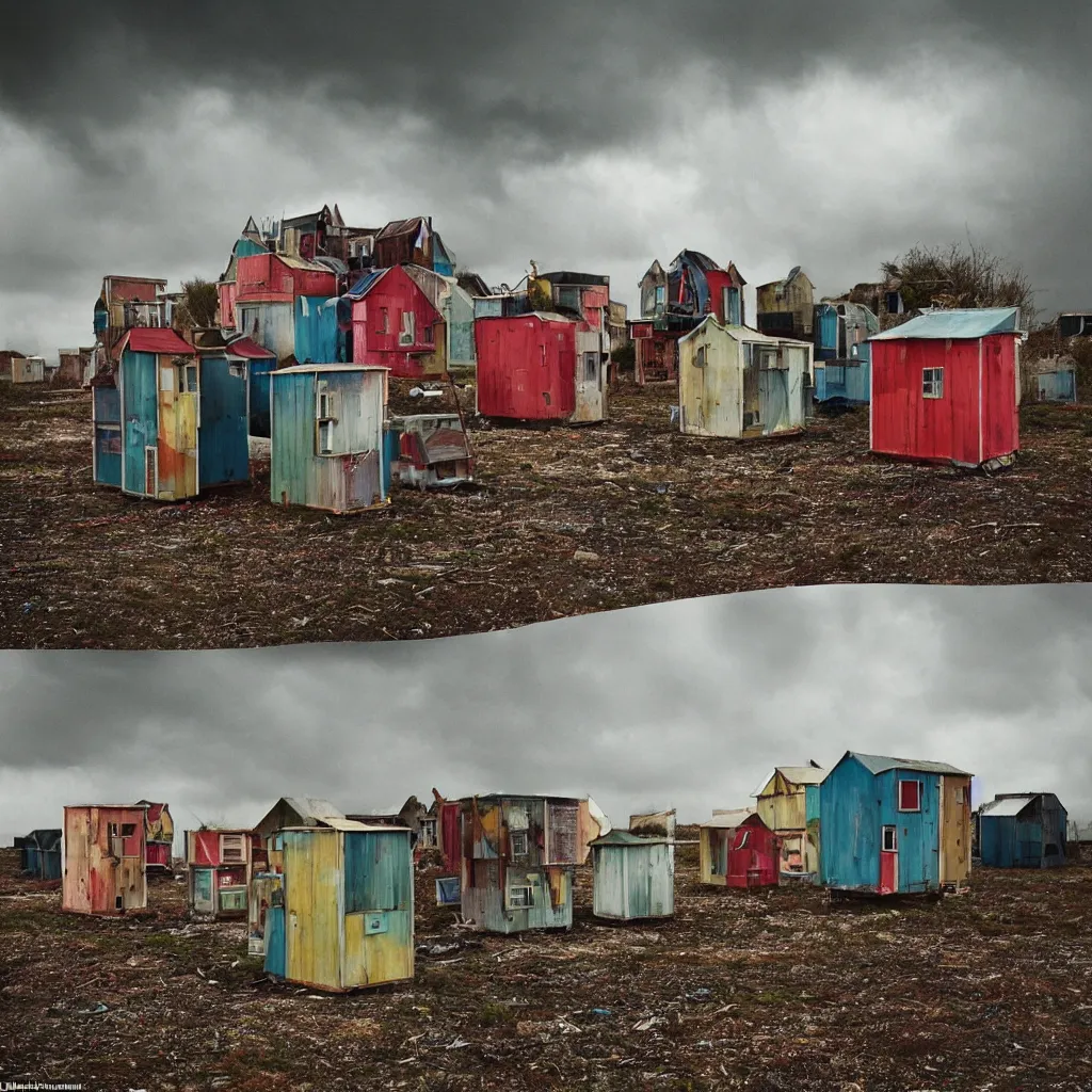 Image similar to towers made up of colourful makeshift squatter shacks, bleached colours, moody cloudy sky, dystopia, mamiya, very detailed, photographed by cristina de middel