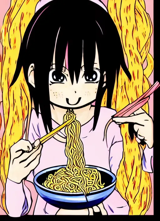 a cute anime young woman eating a bowl of noodles. n-5 | Stable Diffusion