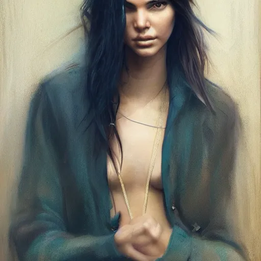 Image similar to fashion model kendall jenner by KlarEm by Richard Schmid by Jeremy Lipking by moebius by atey ghailan