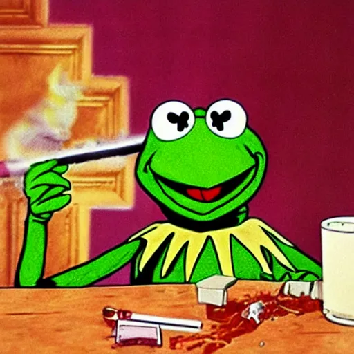 Prompt: kermit the frog on a drug and alcohol fueled binge, cigaretts, flames, hookers,