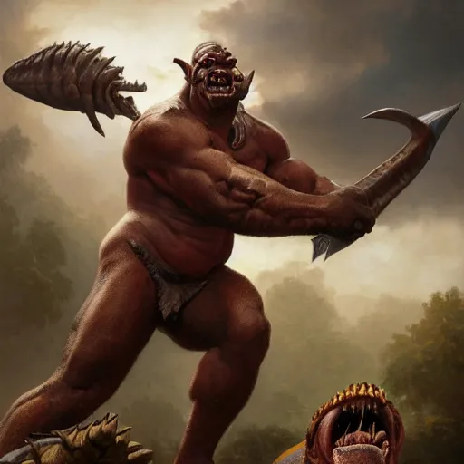 Image similar to Dark Skinned Orc Barbarian slaying a dinosaur with a chanting arena crowd in the background, Oil Painting, hyperrealistic, octane render, Detailed Digital Art, RPG scene, William-Adolphe Bouguereau, Michael Cheval, dynamic lighting, Highly Detailed, Cinematic Lighting, 8k, HD