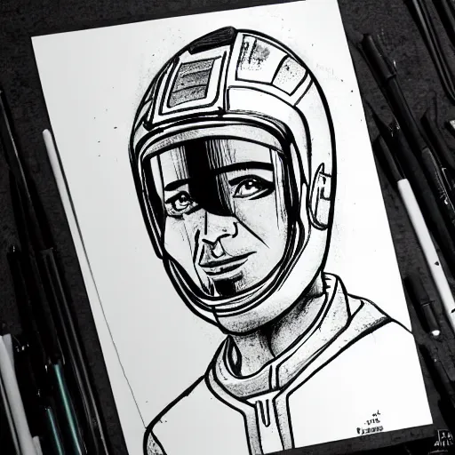 Image similar to a sci-fi pilot ink drawing, in the style of Roman sustov.