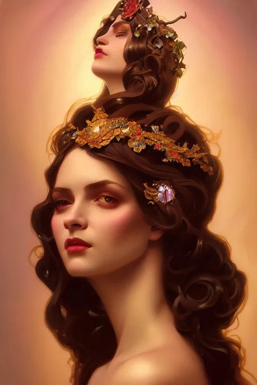 Prompt: beautiful face by leyendecker, ombre velvet gown, beautiful elegant dryad, portrait, long hair, tiara, dozens of jeweled necklaces, by greg rutkowski, brom, anato finnstark, alphonse mucha, oil painting, highly detailed, cinematic lighting, unreal,