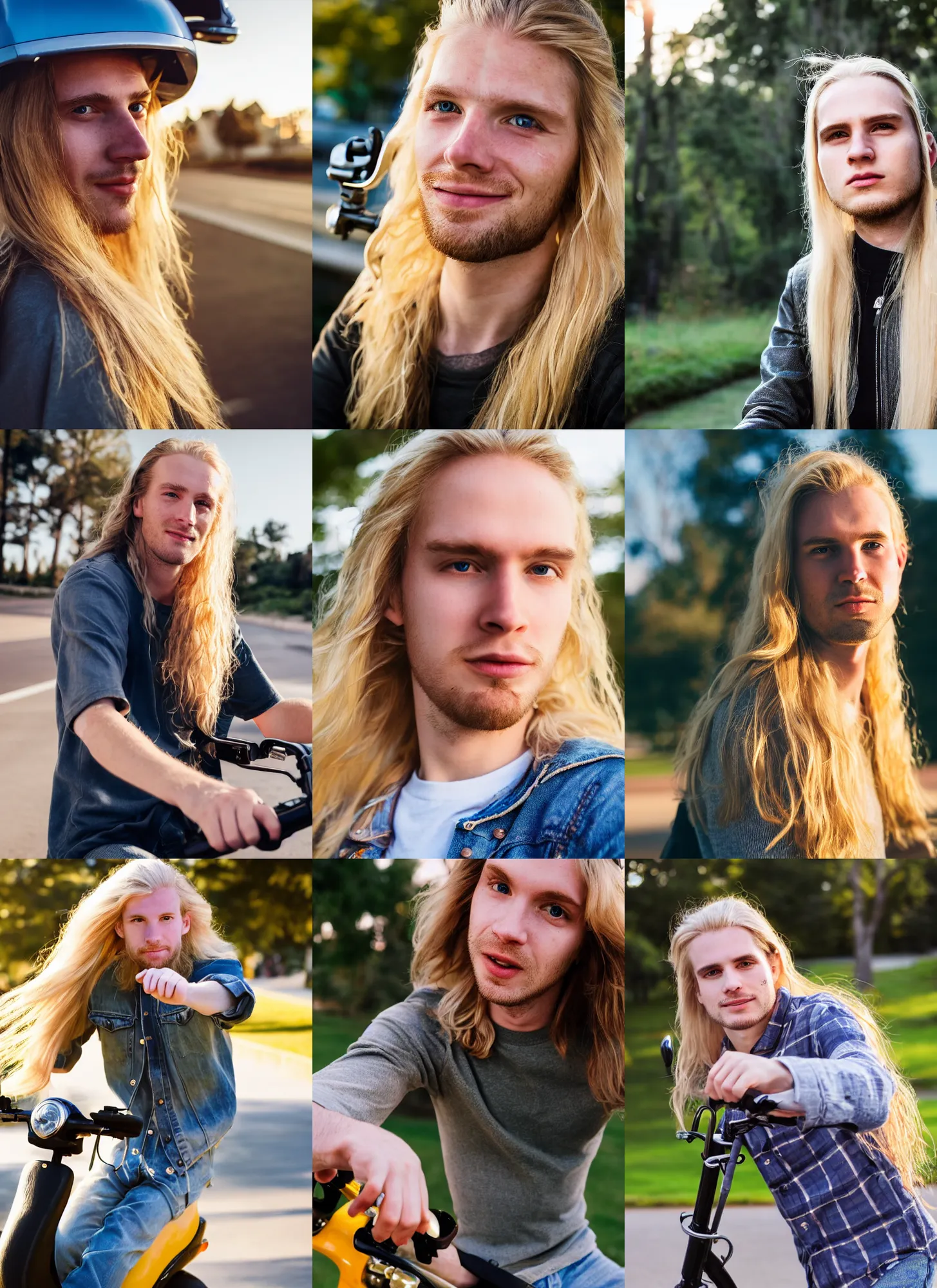 Prompt: close up portrait photo of a pale young man with really long blond hair riding a scooter, high quality, golden hour