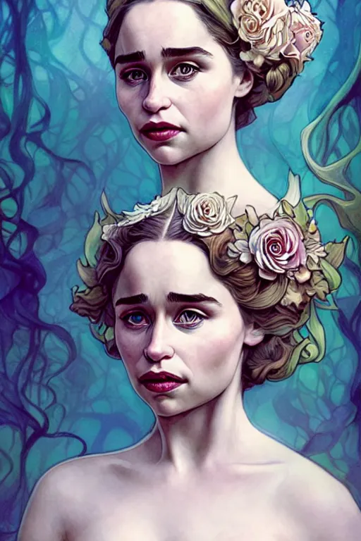 Image similar to new art nouveau closeup portrait of fantasy flower vargas princess seductive emilia clarke wearing a royal dress in an magic forest, anna dittmann, smooth skin, patrick nagle!!!, glamorous pose, charlie bowater and loish. long windblown blonde hair, ultrasharp focus, dramatic lighting, rose arches, octane, matte painting, intricate, d & d, poster