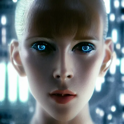 Prompt: portrait of a stunningly beautiful futuristic female replicant from blade runner, depth of field, zeiss lens, detailed, symmetrical, centered, fashion photoshoot, by Annie Leibovitz and Steve McCurry, David Lazar, Jimmy Nelsson, Breathtaking, 8k resolution, extremely detailed, beautiful, establishing shot, artistic, hyperrealistic, beautiful face, octane render