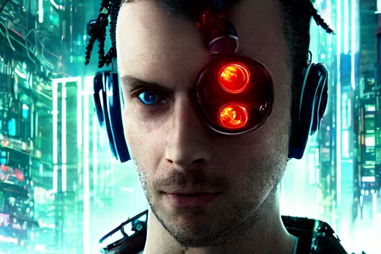 Image similar to video game movie of a cyberpunk hacker closeup portrait in high tech compound by Emmanuel Lubezki