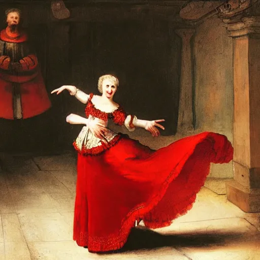 Prompt: elizabeth, wearing a red dress and white gloves, is dancing in a ballroom, in a medieval castle, by rembrandt, in a mixture of both painting and photography