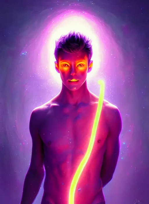 Image similar to a male faceless glowing liquefied stardust adventurer, dnd fantasy character, full body portrait, glowing neon skin, magical aura, ultra realistic, intricate, elegant, highly detailed, digital painting, artstation, smooth, sharp, focus, illustration, art by artgerm and greg rutkowski and alphonse mucha and alex grey