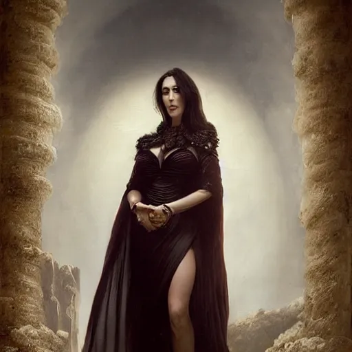 Image similar to majestic gracious regal aristocratic raven haired monica bellucci as the roman - greece vampire pandora portrait, indoors, atmospheric lighting, painted, intricate, volumetric lighting, beautiful, rich deep colours masterpiece, sharp focus, ultra detailed, by leesha hannigan, ross tran, thierry doizon, kai carpenter, ignacio fernandez rios