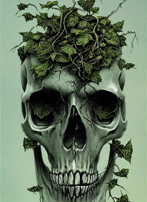 Prompt: skull, ivy, death, steampunk by zdislaw beksinski