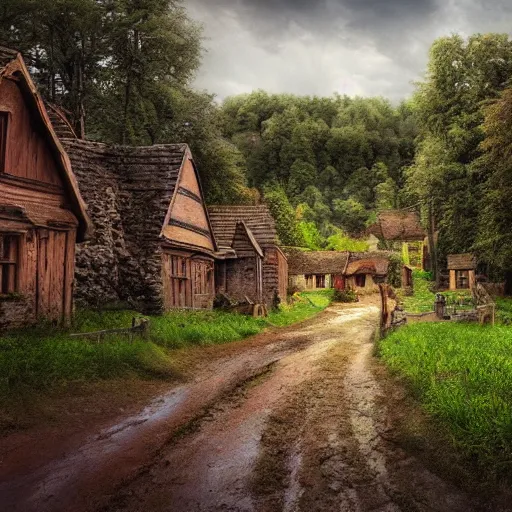 Prompt: hyper realistic fantasy photography of a small medieval town on a grassy plain, wooden buildings, a muddy road runs through the middle of town, a great forest in the distance