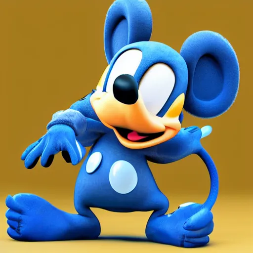 Image similar to a blue furry mickey rat with triangle ears and back gloves, high quality 3 d render trending in art station