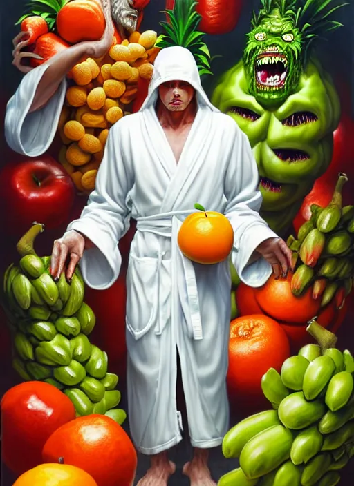 Image similar to full body shot of a monster man in a white robe, green skin, dressed in all white, covered in different fruit, apples, oranges, bananas, intricate, highly detailed, concept art, hyperrealistic, oil painting by greg staples and tristan eaton, 8 k