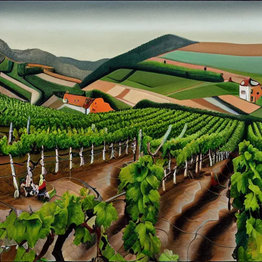 Prompt: Hyperrealism traditional austrian vineyard with workers, painting by MC Escher