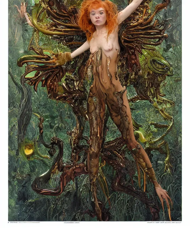 Prompt: portrait photograph of a fierce sadie sink as an alien harpy queen with slimy amphibian skin. she is trying on bulbous slimy organic membrane fetish fashion necklace and transforming into a fiery succubus amphibian villian medusa. by donato giancola, walton ford, ernst haeckel, brian froud, hr giger. 8 k, cgsociety