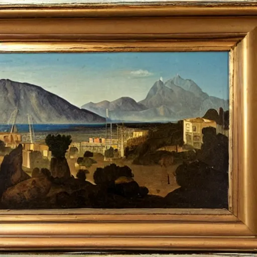 Prompt: oil painting of marbella city, beach in the foreground, mountains in the background, by leonardo da vinci