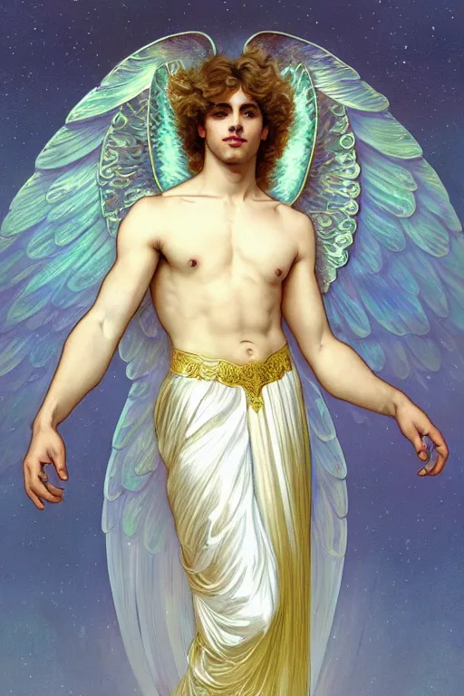 Prompt: fullbody portrait of a beautiful young fit male angel with curly blond hairs, soft smile, closed eyes, blessing palm, dressed in long fluent skirt, majestic symmetrical eagle wings, luminous halo, by greg rutkowski and alphonse mucha, gradient white to gold, in front of an iridescent background, highly detailed portrait, digital painting, smooth, sharp focus illustration