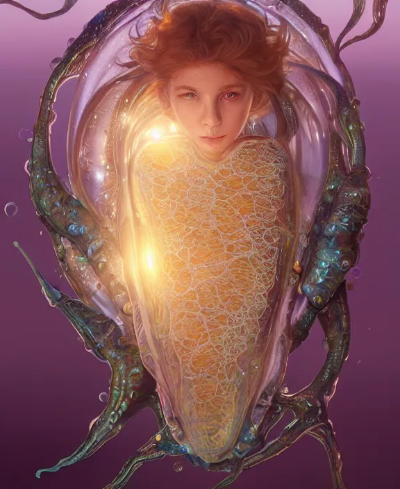 Image similar to intricate transparent clear see - through portrait of a terrifying beautiful alien sea slug, mottled coloring, adorable, childlike, sunny environment, ultra realistic, concept art, art nouveau, photorealistic, octane render, 8 k, unreal engine. art by christopher marley and artgerm and greg rutkowski and alphonse mucha
