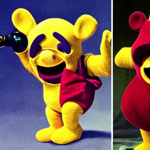 Prompt: a Bruised and sad Teletubby with a bloody nose, standing next to a laughing Teletubby holding a beer