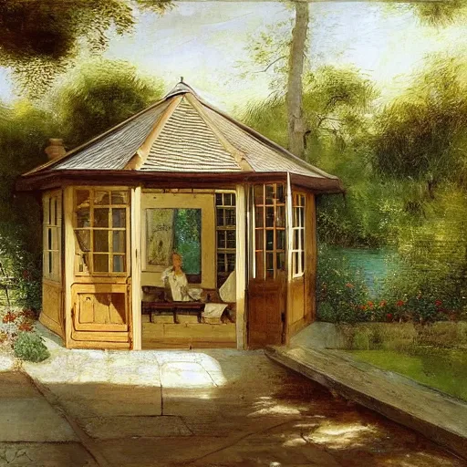 Prompt: brown wooden small summerhouse, roofed elevated veranda, white swinging garden hammock, rembrandt style painting