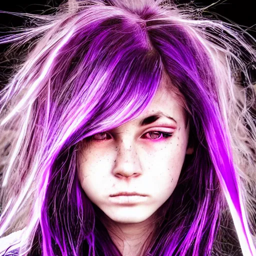 Image similar to detailed photo portrait of a furious teen girl with thin, hair-like purple tentacles on her head and bright purple eyes, 8k, trending on DeviantArt, face enhance,hyper detailed ,full of colour, dramatic lightning