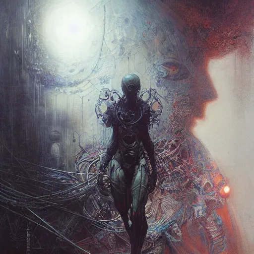 Image similar to a cyborg, dreaming of a better world, by gustave dore and gustave moreau and beksinski and giger and craig mullins and jeremy mann