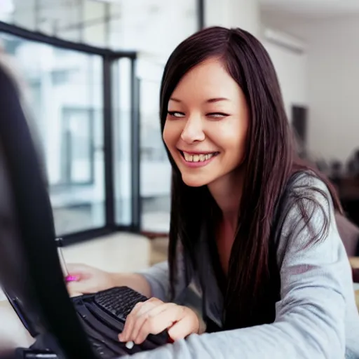 Prompt: Woman smiling contently in joy using a computer, Candid shot, Canon EOS, ArtStation