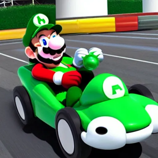 Image similar to elon musk as luigi in mario kart