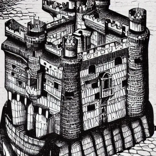 Image similar to castle in the air, mc escher woodcut