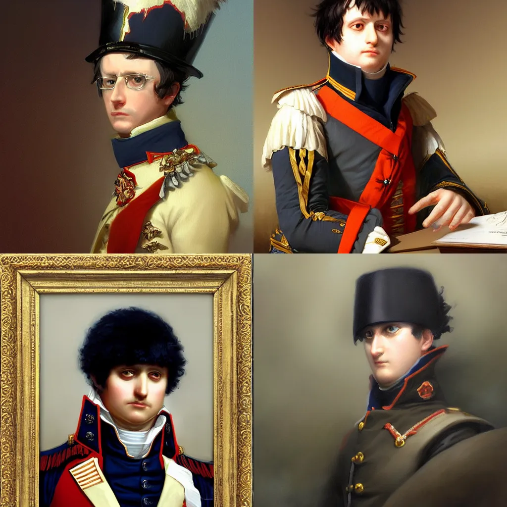 Prompt: Napoleon Bonaparte hits his laptop computer after losing, painting by krenz cushart, wlop,