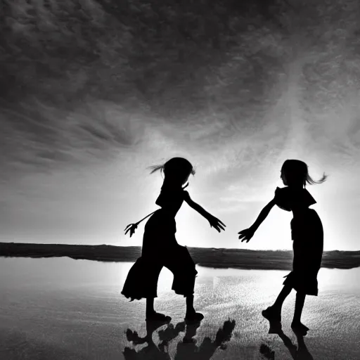 Prompt: sisters silhuette, award winning black and white photography