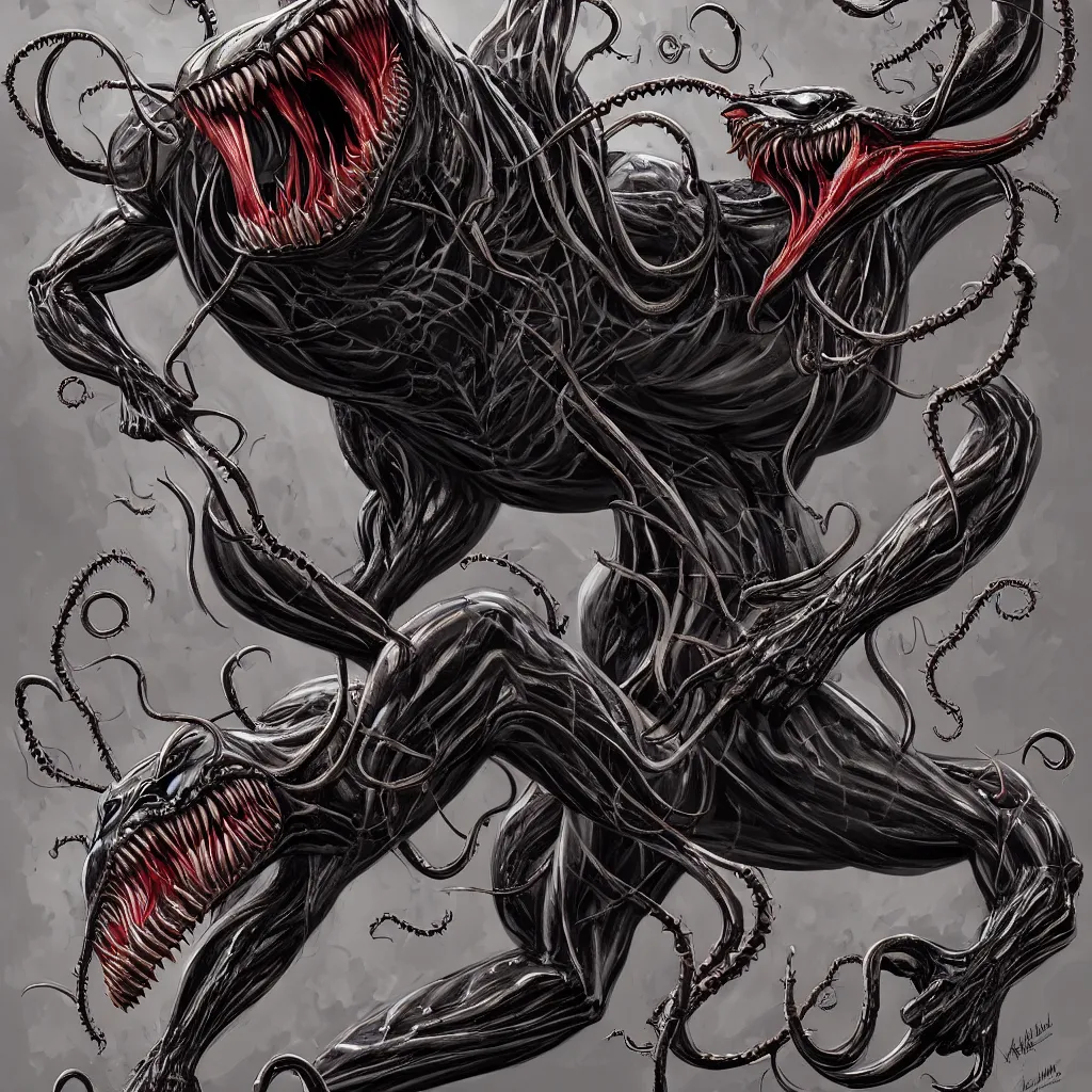 Image similar to anatomically acurate full body long shot venom from marvel comics!!!!, large mouth with teeth, lovecraftian horror!, surrealism, fantasy, intricate, elegant, highly detailed, digital painting, artstation, concept art, matte, sharp focus, illustration, art by keith thompson and christopher lane