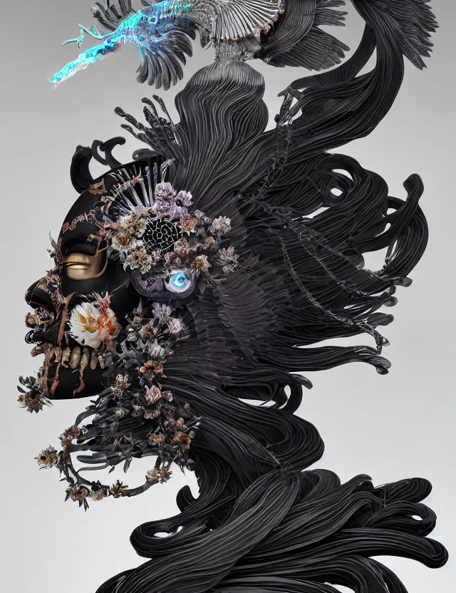 Image similar to 3 d goddess of death close - up profile portrait with ram skull. beautiful intricately detailed japanese crow kitsune mask and clasical japanese kimono. betta fish, jellyfish phoenix, bio luminescent, plasma, ice, water, wind, creature, artwork by tooth wu and wlop and beeple and greg rutkowski