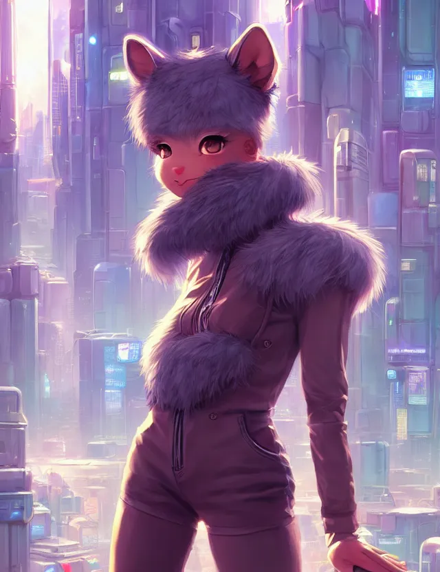 Image similar to cute young anthropomorphic furry in cyberpunk city | | cute - fine - face, pretty face, key visual, realistic shaded perfect face, fine details by stanley artgerm lau, wlop, rossdraws, james jean, andrei riabovitchev, marc simonetti, and sakimichan, trending on artstation