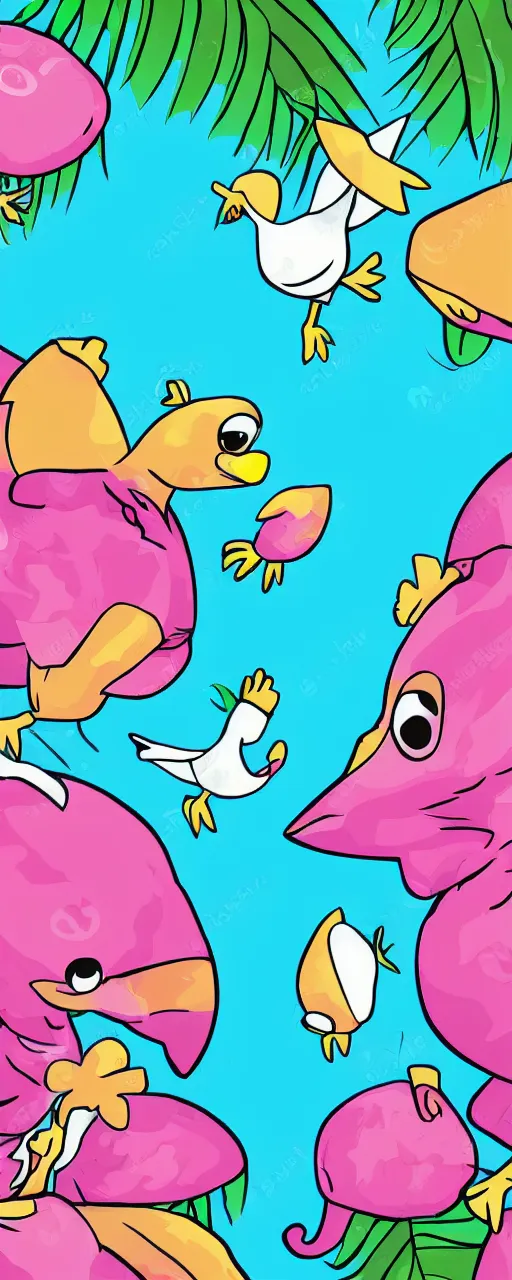 Prompt: cute cartoon chibi anime style illustration of a dodo bird surfing. super cute. tropical. colorful.