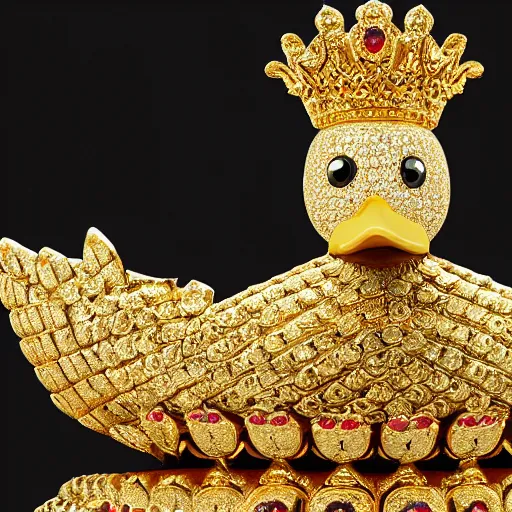 Prompt: a real duck king sitting on a gold throne decorated with many rubies and diamonds, duck king is wearing a gold crown and gold necklace, super realistic, 4k