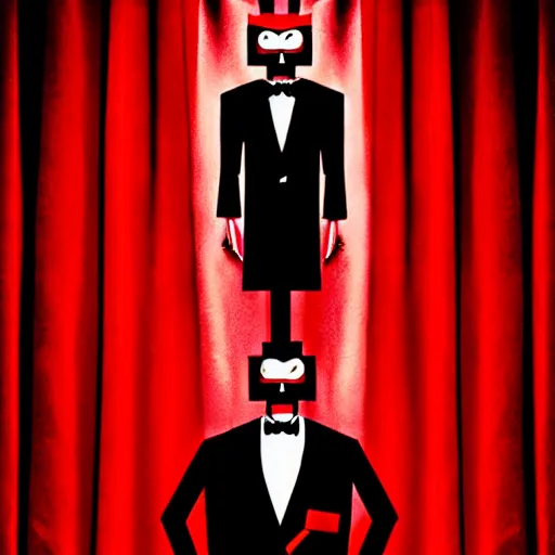 Prompt: puppet master in tuxedo behind a red curtain, capitalism, dark ambiance, in the style of love death robots