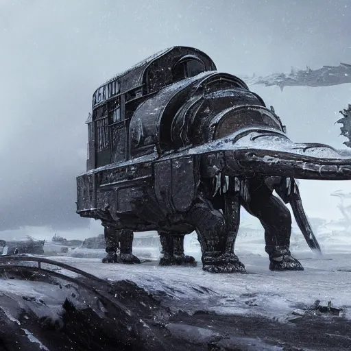 Image similar to an intricate futuristic black steam train and a giant mammoth, post - apocalyptic ice landscape in snowstorm, concept art, artstation, highly detailed, digital art