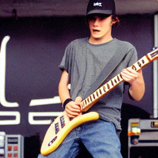 Prompt: 19-year-old white boy wearing backwards baseball cap, baggy jeans, playing 7-string guitar, nü metal concert, rap metal, alternative metal, 1999 photograph