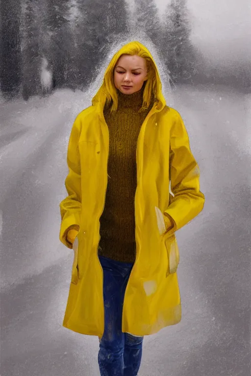 Image similar to a full body high detail portrait oil painting illustration of beautiful blonde woman with face and body clearly visible , dressed in yellow raincoat and yellow rubber boots walks in small town in Finland, realistic proportions, rpg, artstation trending, high quality, no crop, entire person visible, natural light, width 768