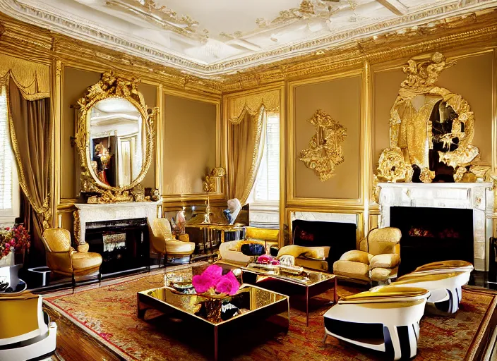 Prompt: luxury living room designed by jeff koons, interior design magazine photography