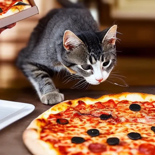 Image similar to cat eating a slice of cheesy pizza, cat eating, eating a pizza, paws holding pizza, cat eating a slice