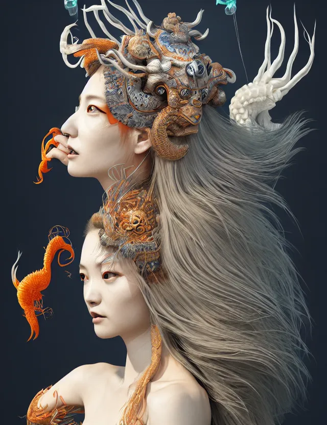 Image similar to 3 d goddess half - turn portrait with long hair with ram skull. beautiful intricately detailed japanese crow kitsune mask and clasical japanese kimono. betta fish, jellyfish phoenix, bio luminescent, plasma, ice, water, wind, creature, artwork by tooth wu and wlop and beeple and greg rutkowski