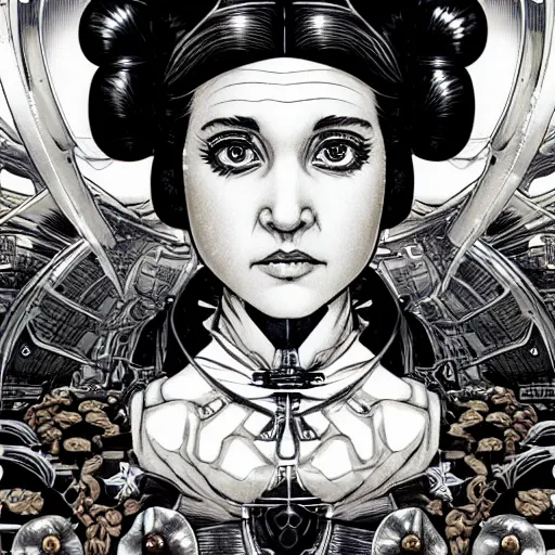 Prompt: portrait closeup of crazy princess leia, symmetrical, by yoichi hatakenaka, masamune shirow, josan gonzales and dan mumford, ayami kojima, takato yamamoto, barclay shaw, karol bak, yukito kishiro