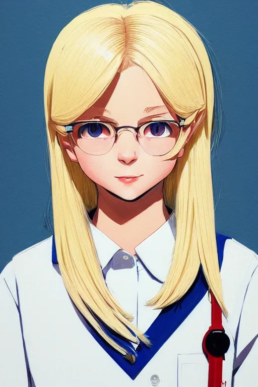 Image similar to a headshot of a very happy cute girl with shoulder - length white hair wearing school uniform, sharp focus, illustration, morandi color scheme, art station, high detailed, by ilya kuvshinov